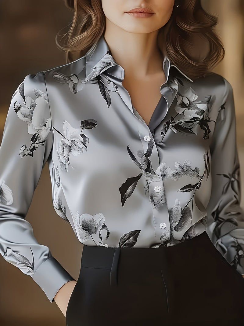 Qi Ta Women's Satin Long-Sleeve Blouse with 3D Floral Print, Turn-Down Collar, Loose Fit - Image 1