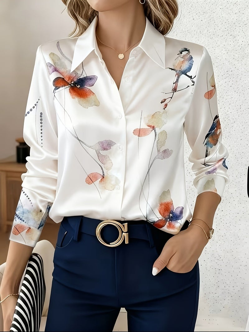Qi Ta Women's Satin Long-Sleeve Blouse with 3D Floral Print, Turn-Down Collar, Loose Fit - Image 4