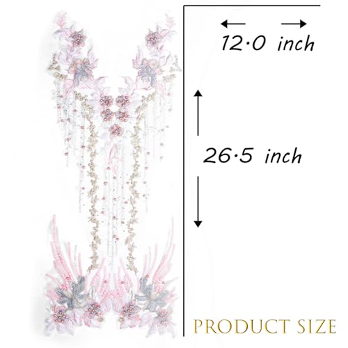 FixrWre Beaded Pearl Flower Fabric Lace Applique, Floral Embroidered Patches Handmade Sewing Tool for DIY Neckline Bodice Wedding Bridal Prom Dress(Pink-Large) - Image 3