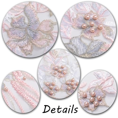 FixrWre Beaded Pearl Flower Fabric Lace Applique, Floral Embroidered Patches Handmade Sewing Tool for DIY Neckline Bodice Wedding Bridal Prom Dress(Pink-Large) - Image 4