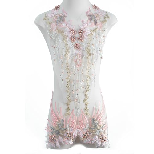 FixrWre Beaded Pearl Flower Fabric Lace Applique, Floral Embroidered Patches Handmade Sewing Tool for DIY Neckline Bodice Wedding Bridal Prom Dress(Pink-Large) - Image 1