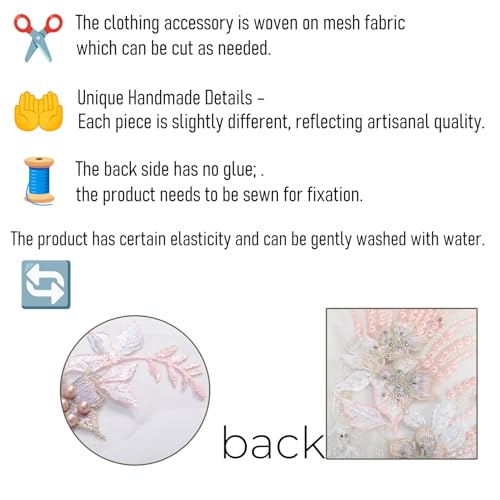 FixrWre Beaded Pearl Flower Fabric Lace Applique, Floral Embroidered Patches Handmade Sewing Tool for DIY Neckline Bodice Wedding Bridal Prom Dress(Pink-Large) - Image 5