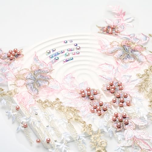 FixrWre Beaded Pearl Flower Fabric Lace Applique, Floral Embroidered Patches Handmade Sewing Tool for DIY Neckline Bodice Wedding Bridal Prom Dress(Pink-Large) - Image 2
