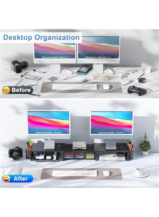 Arabest Computer Dual Monitor Stand Riser For Desk, Desk Organizers And Accessories With Drawer And 2 Pen Holder For Office, Home, School Supplies (Black) - Image 2
