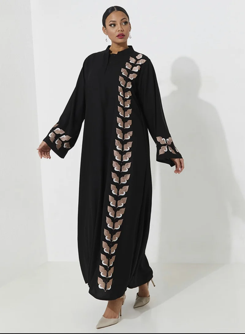 Rosette Abaya Embellished Abaya With Embroidery Wide sleeves