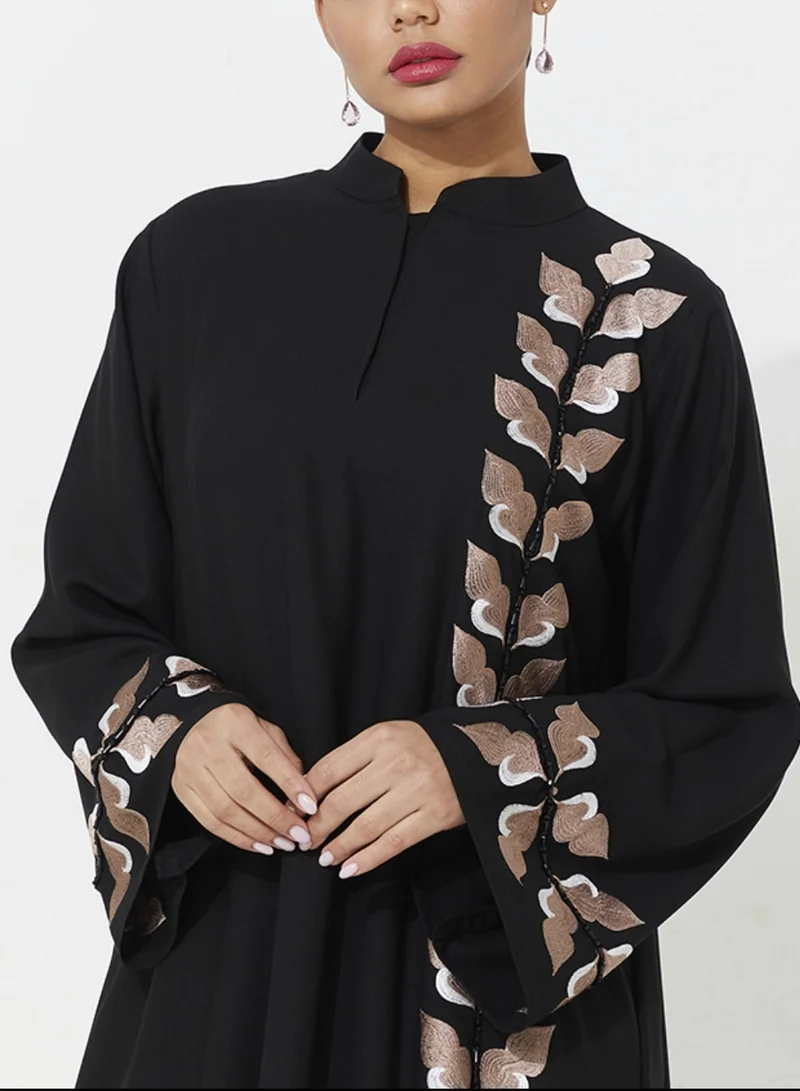 Rosette Abaya Embellished Abaya With Embroidery Wide sleeves