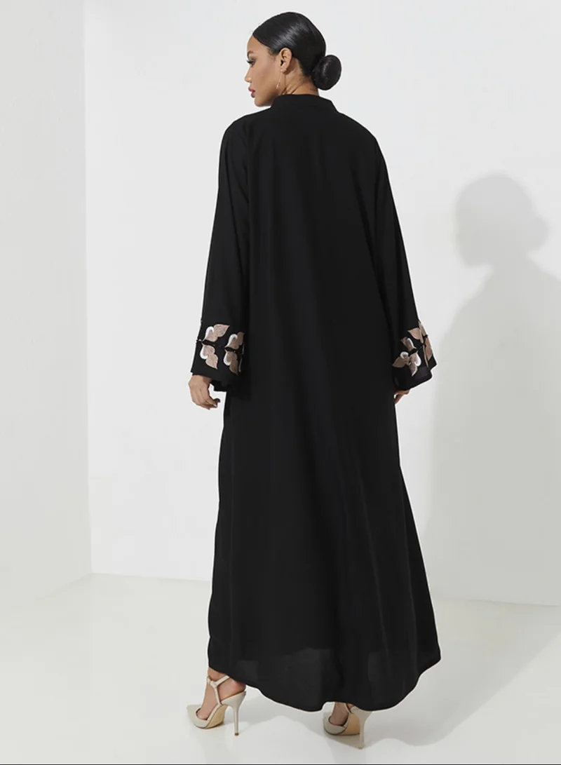 Rosette Abaya Embellished Abaya With Embroidery Wide sleeves