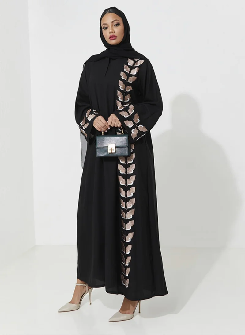 Rosette Abaya Embellished Abaya With Embroidery Wide sleeves