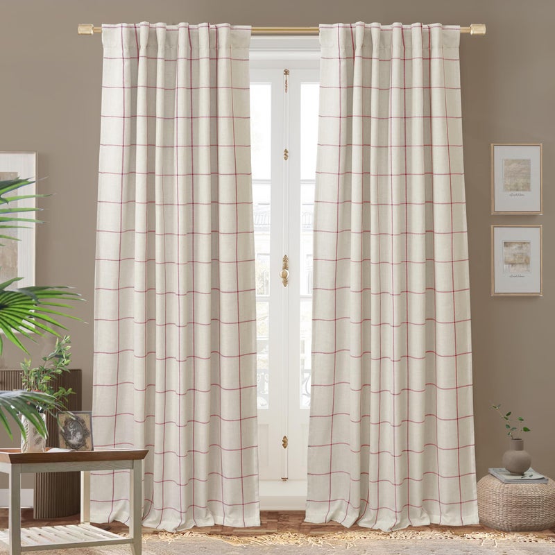 DriftAway 2 Panels 100% Blackout Windowpane Plaid Linen Curtains Double Layer Drapes for Bedroom 84 Inches Long Farmhouse Thermal Insulated 3.25 Inch Rod Pocket Back Tab for Living Room Red - Image 1