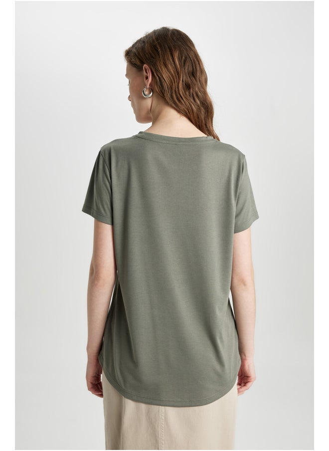 DeFacto - Woman Relax Fit Crew Neck Knitted Short Sleeve T-Shirt - Image 1