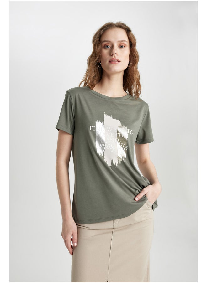 DeFacto - Woman Relax Fit Crew Neck Knitted Short Sleeve T-Shirt - Image 1