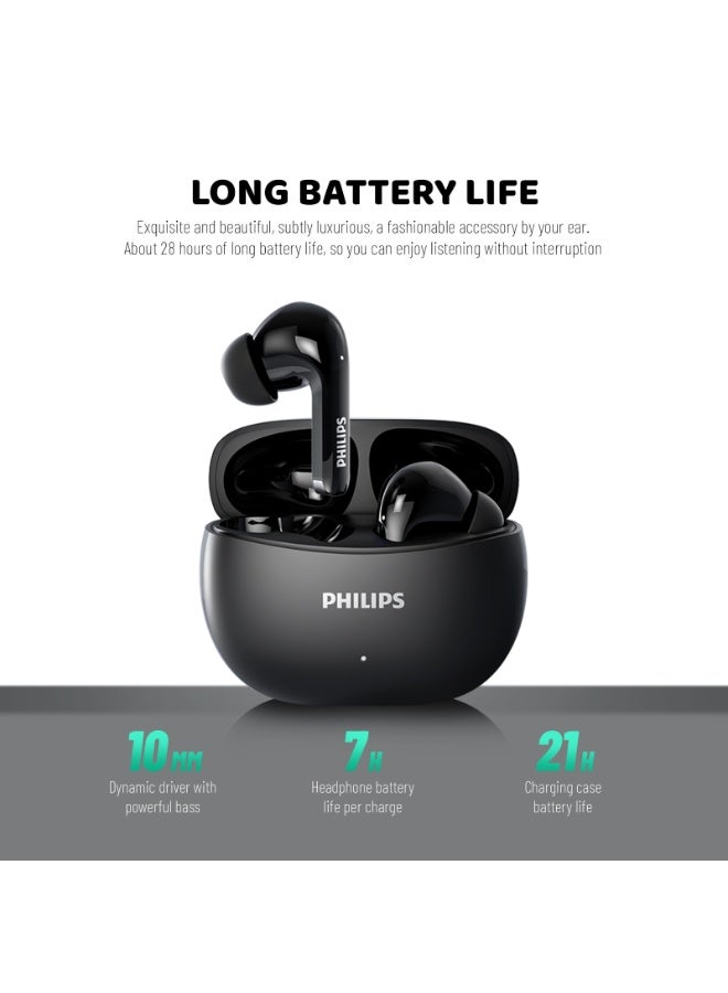 Philips Earbuds, Bluetooth Earbuds, BT Headphone, Open Ear Ring True Open Ear Headphones, True Wireless Earbuds – Bluetooth, In-Ear Headphones with DNS Call Noise Reduction, 28H Playtime, 10mm Bass Driver, 360° Spatial Sound, IPX4 Sweatproof for Sports, Work, Travel & iPhone/Android (TAT1320) Black - Image 2