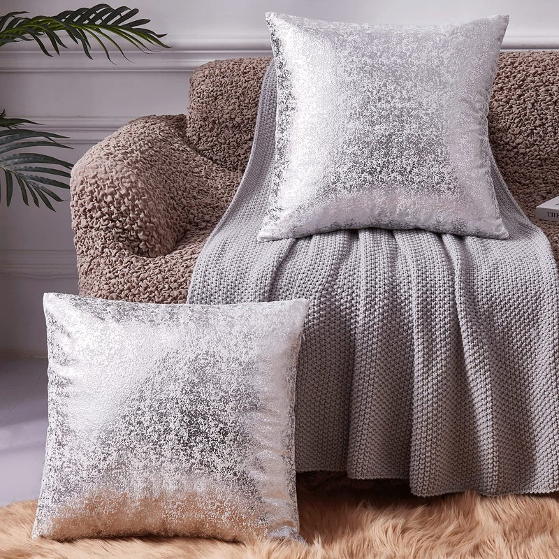 EUCIOR Silver PillowsWhite Cushion Covers Velvet Decorative Square Throw Pillow Covers 18x18 for Home Decor Bedroom Living Room Couch SofaWhite and Silver Pillow CoversSet of 2