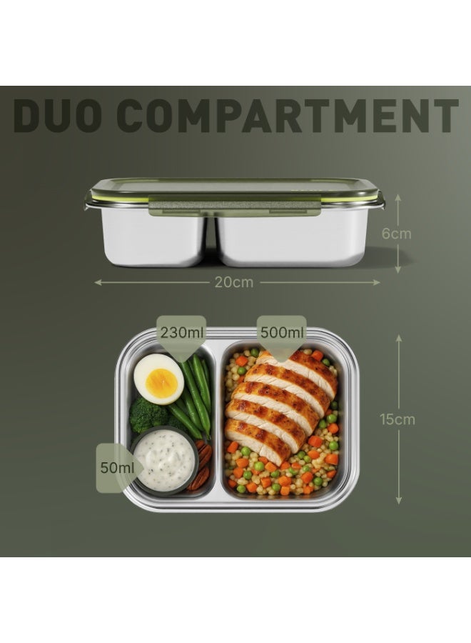 بيولا BEOLA علبة غداء من الفولاذ المقاوم للصدأ، علبة بنتو بمقصورتين، خالية من مادة BPA مع غطاء، حاوية وجبات مانعة للتسرب، مثالية كعلبة وجبات خفيفة (أخضر غامق غابي) - Image 2