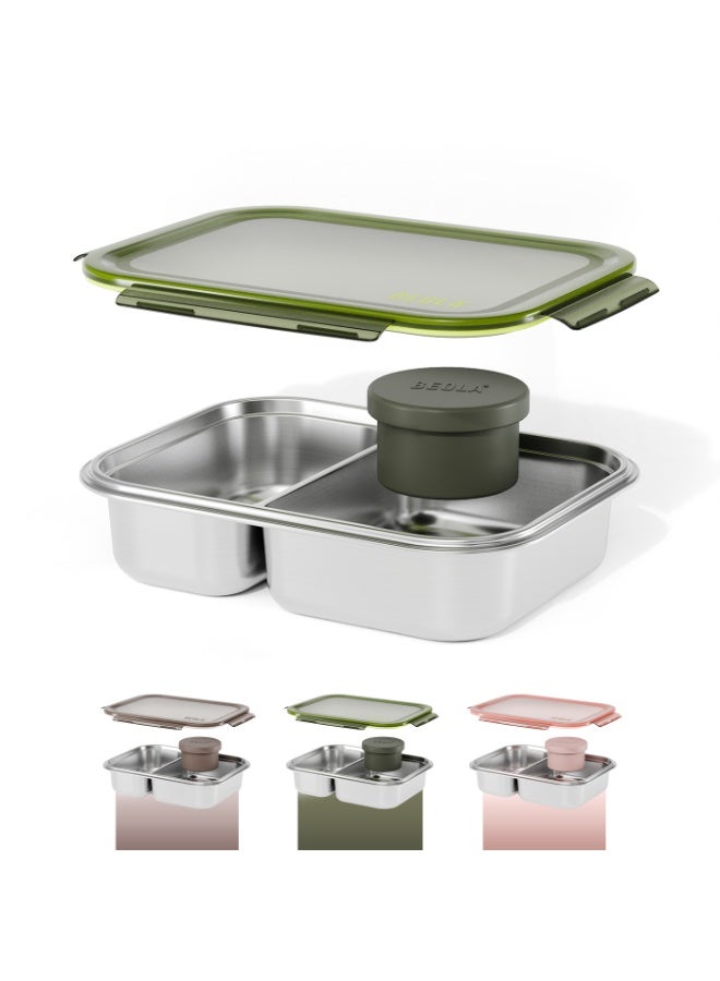 بيولا BEOLA علبة غداء من الفولاذ المقاوم للصدأ، علبة بنتو بمقصورتين، خالية من مادة BPA مع غطاء، حاوية وجبات مانعة للتسرب، مثالية كعلبة وجبات خفيفة (أخضر غامق غابي) - Image 1