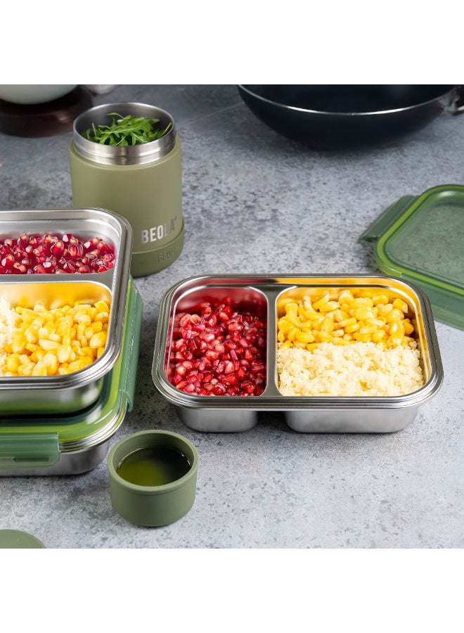 بيولا BEOLA علبة غداء من الفولاذ المقاوم للصدأ، علبة بنتو بمقصورتين، خالية من مادة BPA مع غطاء، حاوية وجبات مانعة للتسرب، مثالية كعلبة وجبات خفيفة (أخضر غامق غابي) - Image 5