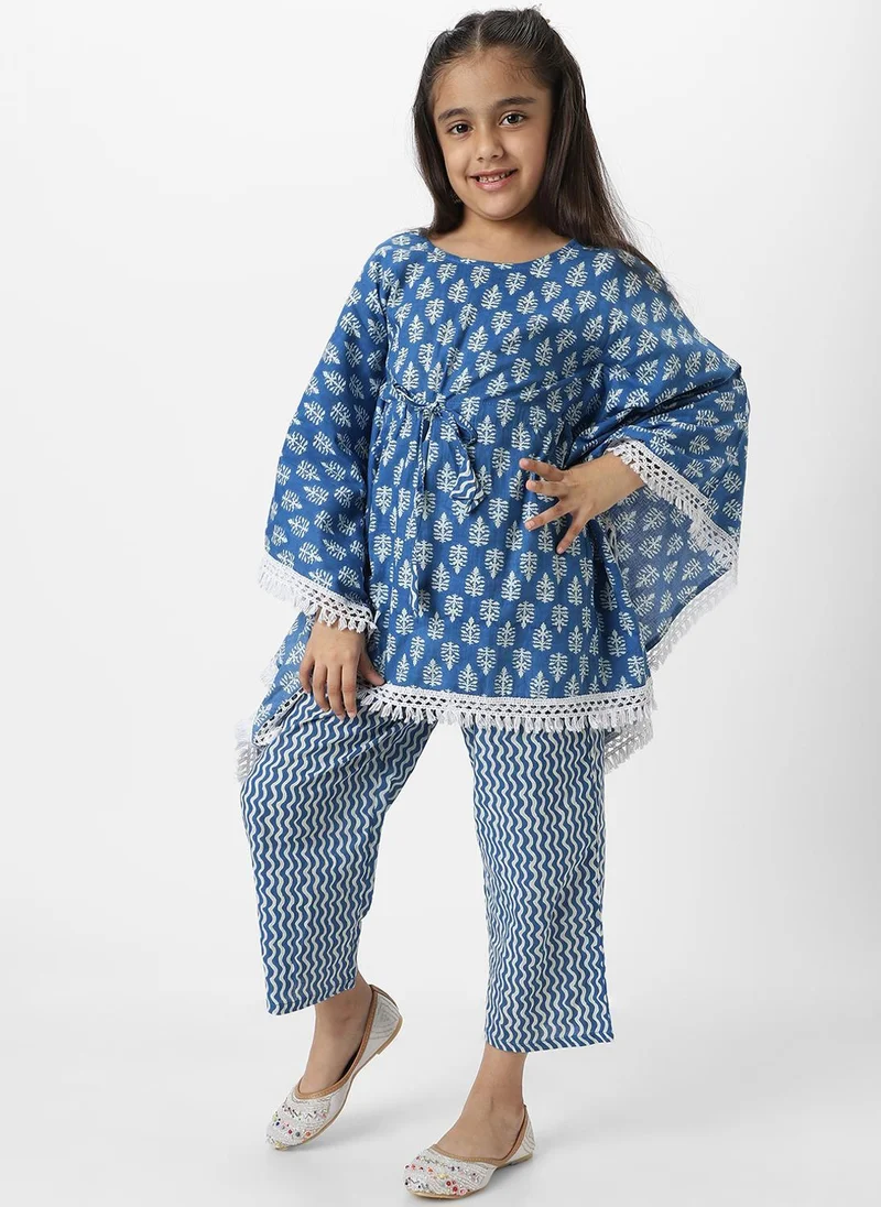 Nautinati Nautinati Girl's Block Printed Blue Kaftaan Ethnic Set