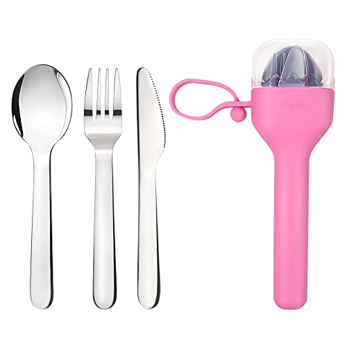 Sophico Travel Utensils Set for Camping and Kids Lunch Box, Stainless Steel Fork and Spoon, Knife Silverware Flatware Sets with Silicone Case - Portable & Leak-proof, Dishwasher Safe (Pink, 1 Set) - Image 1
