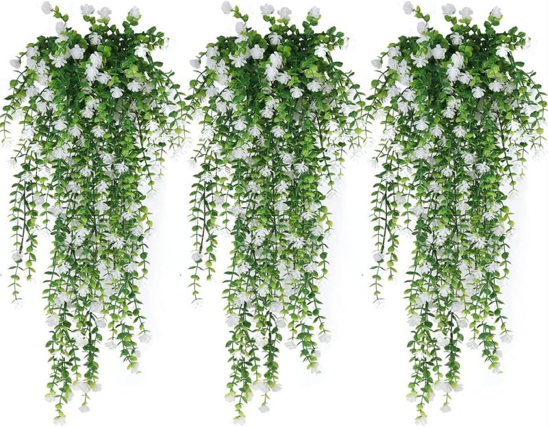 VRB Dec 2 Pcs Artificial Dry Baby's Breath Greenery Hanging Plants Vines Fake Ivy Hanging Flowers Vine Wall Hanging for Home Decor,Wall,Balcony Decoration. (2, White Euclyptus Fern Hanging) - Image 4