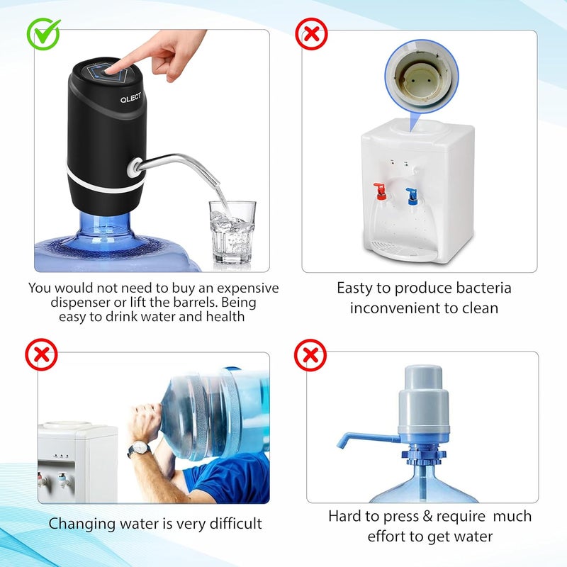 QLECT Automatic Water Dispenser for 20 Litre Bottle USB Dc Water Pump with 1200 mAh Rechargeable Battery|Water Pressure Pump for Home Office Travel|Water Dispenser Pump for Hot and Cold Water, Black - Image 5