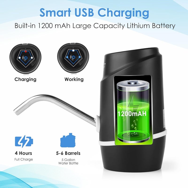 QLECT Automatic Water Dispenser for 20 Litre Bottle USB Dc Water Pump with 1200 mAh Rechargeable Battery|Water Pressure Pump for Home Office Travel|Water Dispenser Pump for Hot and Cold Water, Black - Image 3