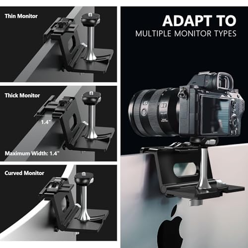 RAUBAY 【Upgraded】 Monitor Camera Mount Stand, Hanging Webcam Clamp with 1/4" Screw, MILC Monitor Top Support for Live Stream, etc. Compatible with Curved Monitors, Maximum Width up to 1.4" CM02 - Image 3