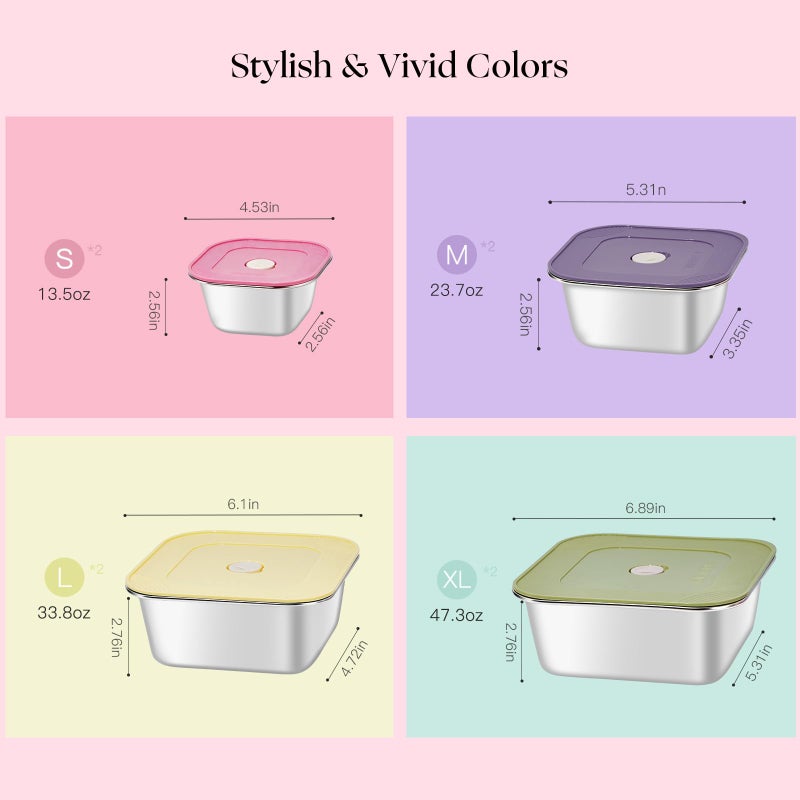 GIUOIDUO 8-Piece Stainless Steel Food Storage Containers Set with 4 Colorful Lids â€“ Airtight & Leakproof for Meal Prep, Lunch, Leftovers â€“ BPA-Free, Dishwasher Safe â€“ Durable Kitchen & Office Organizers - Image 2