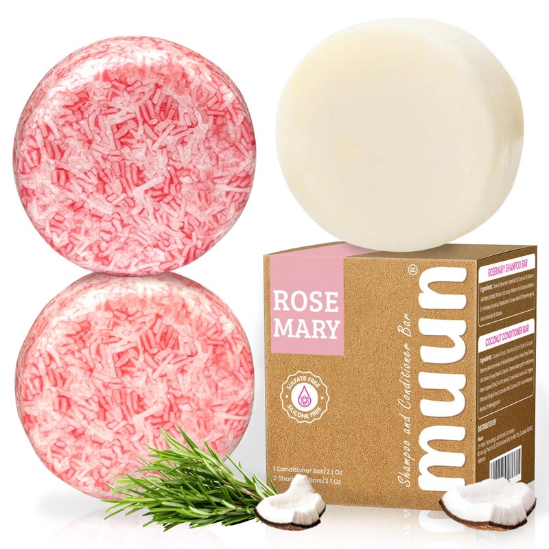 Muun Rosemary Shampoo and Conditioner Bar Set 3 - Natural Solid Hair Growth Soap Bars for Women with Straight, Curly or Thinning Hair for Anti-Hair Loss, Regrowth, pH Balanced, Sulfate & Silicone Free - Image 1