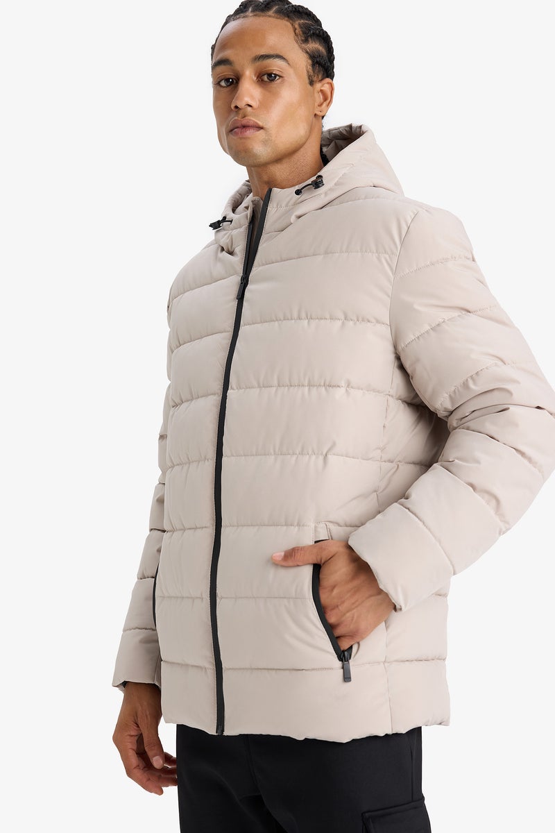 DeFacto Beige Man Slim Fit Lined Hooded Zippered Padded Waterproof Jacket Casual - Image 3