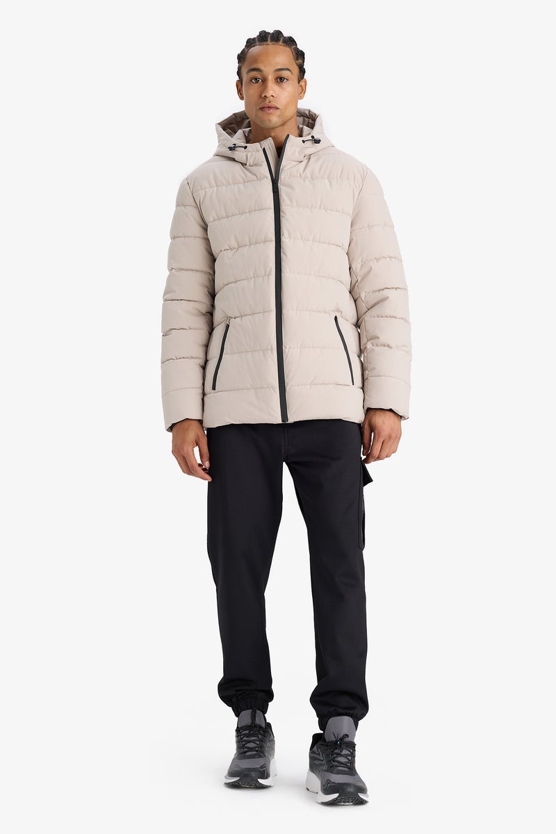 DeFacto Beige Man Slim Fit Lined Hooded Zippered Padded Waterproof Jacket Casual - Image 2