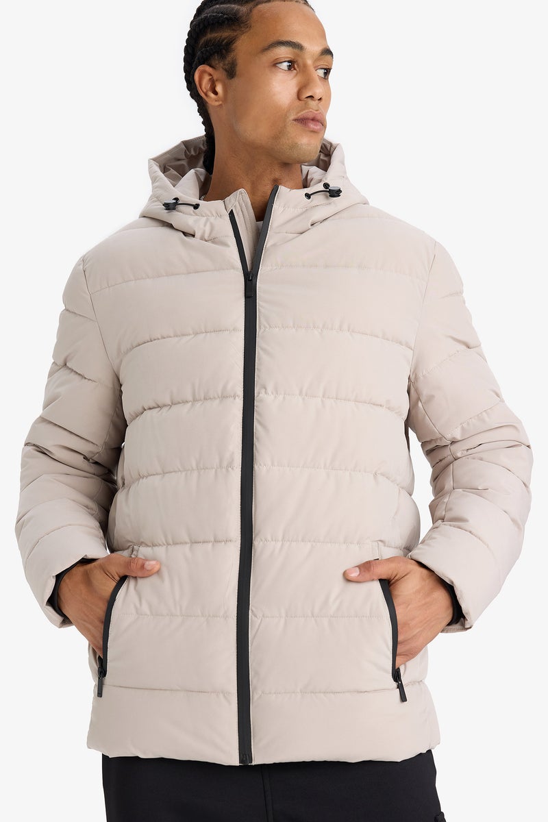 DeFacto Beige Man Slim Fit Lined Hooded Zippered Padded Waterproof Jacket Casual - Image 1