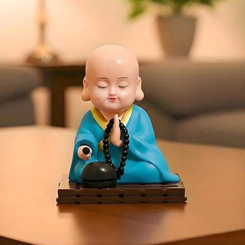 sculpmart Solar Buddha Moving Head & Hand for Car Dashboard | Home Decor | Office Desk & Gifting - Solar Powered Motion with Auto ON/Off with Light (Blue) - Image 1
