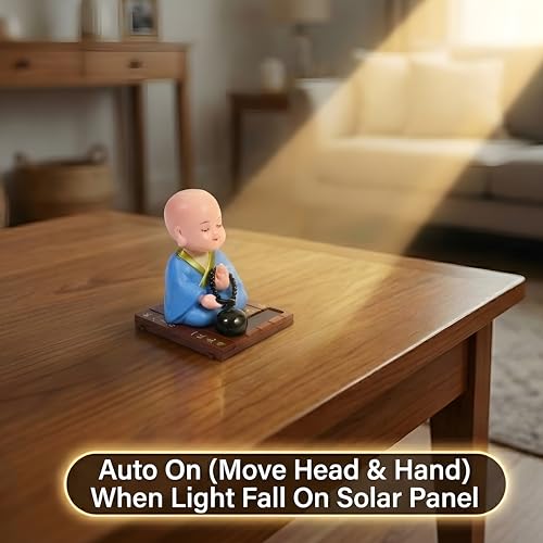 sculpmart Solar Buddha Moving Head & Hand for Car Dashboard | Home Decor | Office Desk & Gifting - Solar Powered Motion with Auto ON/Off with Light (Blue) - Image 3