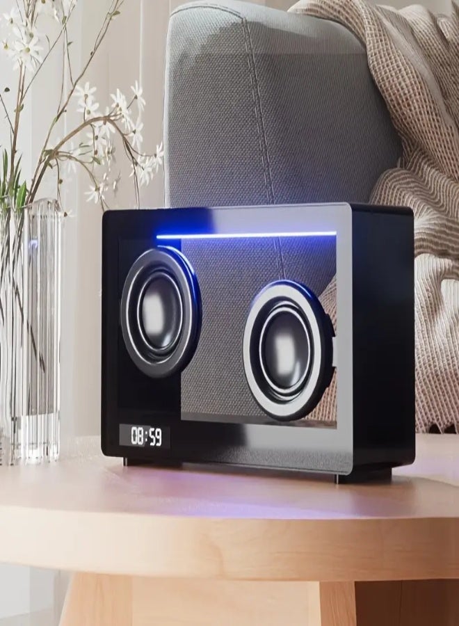 AROAQ Transparent Wireless 5.1 Bluetooth Speaker with Dual Drivers – Digital Clock, Ambient Light, SD Card Playback, Type-C Charging | Stylish Portable Desktop Speaker for Home & Office Use , Black - Image 2