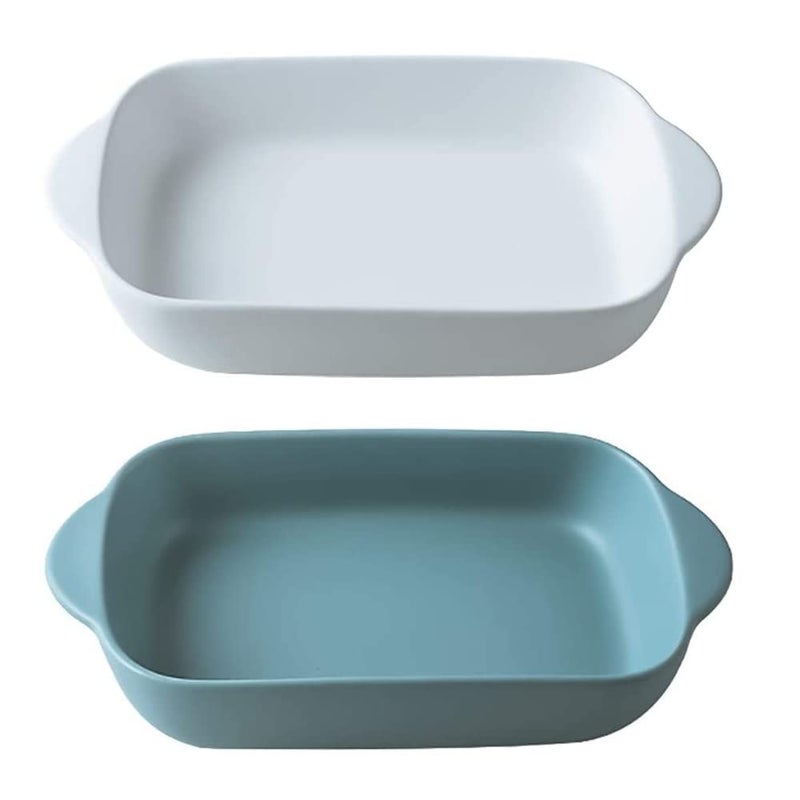 Trifecta Ceramics baking dish Matte-colored rectangular casserole dish with Handle for Oven Ceramic Baking Pan Lasagna Casserole Pan Individual Bakeware 9x5 inch (White And Blue Pack - 2) - Image 1