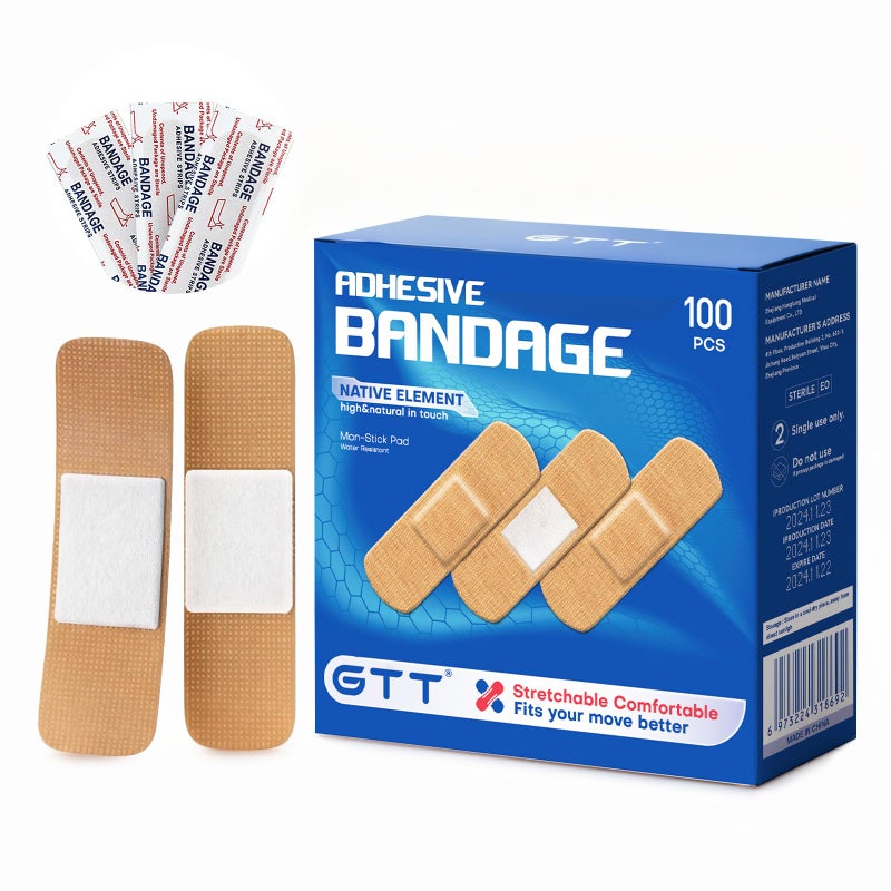 GTT Brand Sterile Flexible Fabric Adhesive Bandages, Comfortable Flexible Protection & Wound Care for Minor Cuts & Scrapes, Pad Designed to Cushion Painful Wounds, One Size 1x3-inch, 100 ct - Image 1