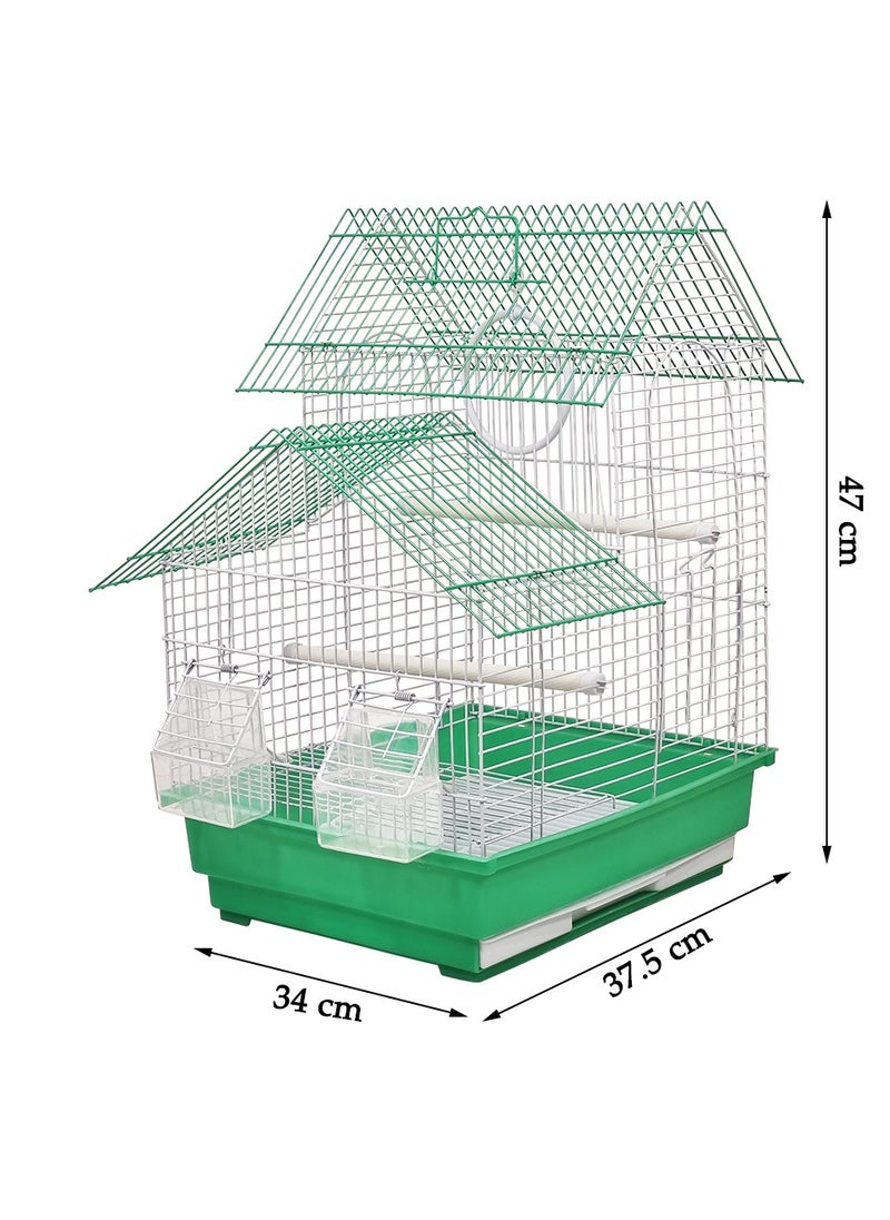 MAJIBAO Birdcage, House shaped design small bird travel cage with Carrying handel, Feeding bowls, Plastic perches, and Removable bowls, Suitable for lovebirds, Canaries 47 cm (Green)  - Image 2