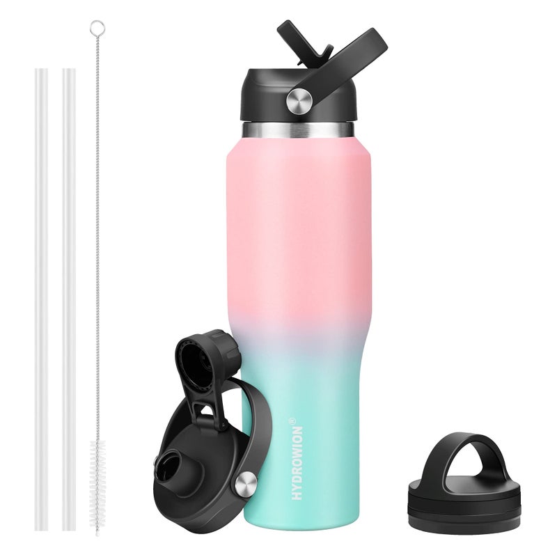 HYDROWION 32oz Water Bottle Double Wall Vacuum Stainless Steel Insulated Water Flask with Straw Lid Spout Lid and Flex CapCold for 48 Hrs Hot for 24 Hrs Leakproof Travel Thermo Mug PinkBlue