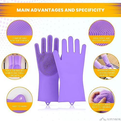 ALPENKOK 1 Pair Silicone Gloves for Washing Dishes – Tear-Resistant Silicone Dishwashing Gloves with Scrubber |Household Use - Image 4