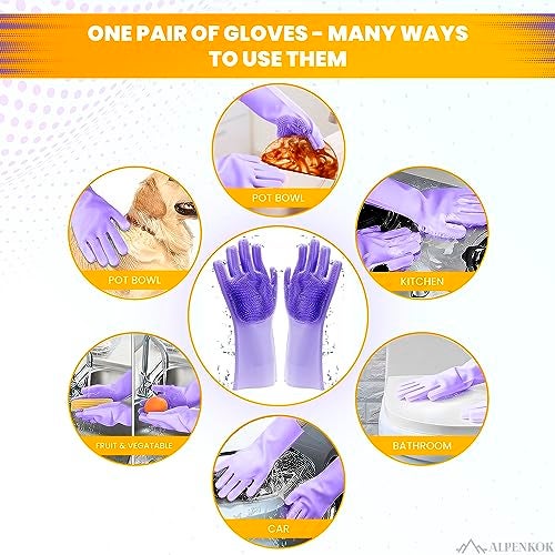 ALPENKOK 1 Pair Silicone Gloves for Washing Dishes – Tear-Resistant Silicone Dishwashing Gloves with Scrubber |Household Use - Image 5