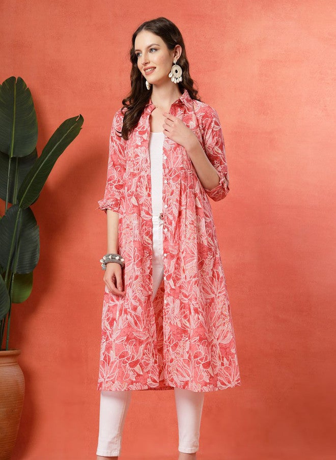 LARGISH Floral Printed Shirt Collar Cotton Shrug - Image 4