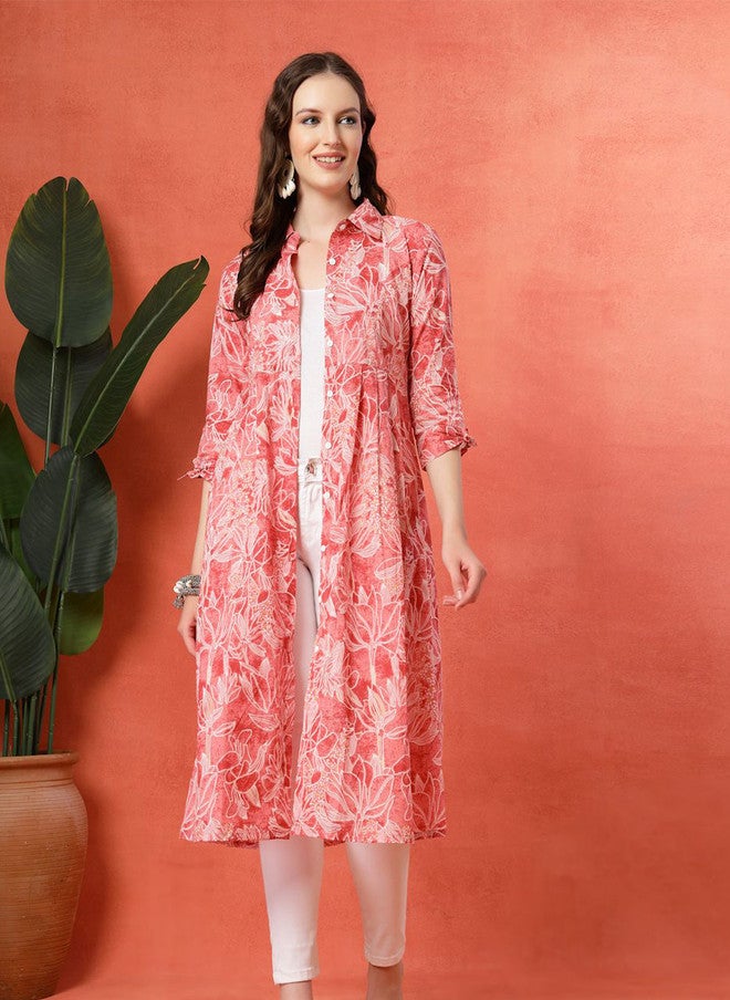 LARGISH Floral Printed Shirt Collar Cotton Shrug - Image 1