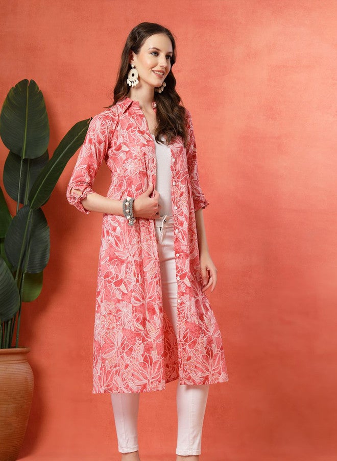 LARGISH Floral Printed Shirt Collar Cotton Shrug - Image 3
