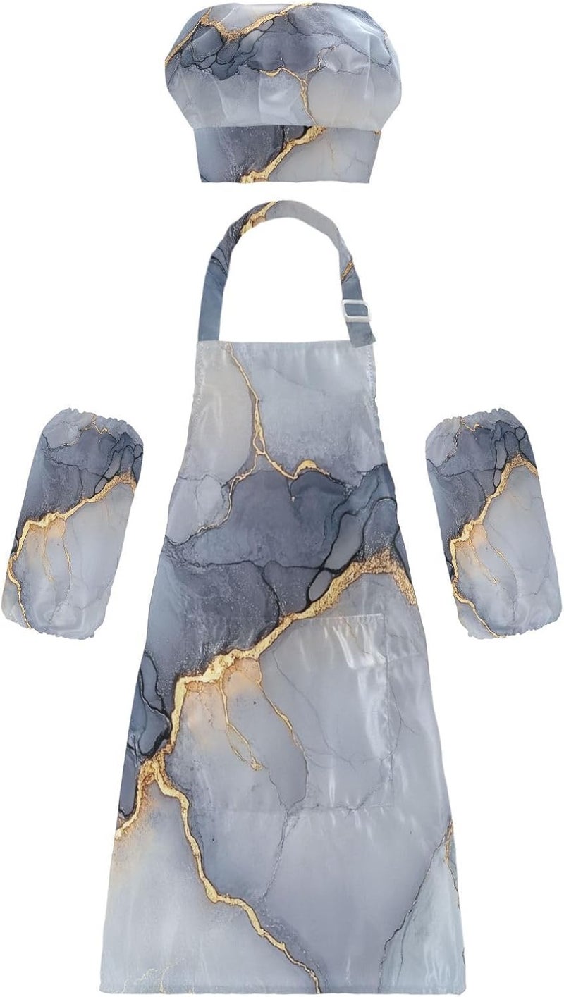 Kid Chef Apron Hat Adjustable Marble Grey Silver Baking Apron with Adjustable Neck Strap for Cooking Painting 3-12 Years Old - Image 1