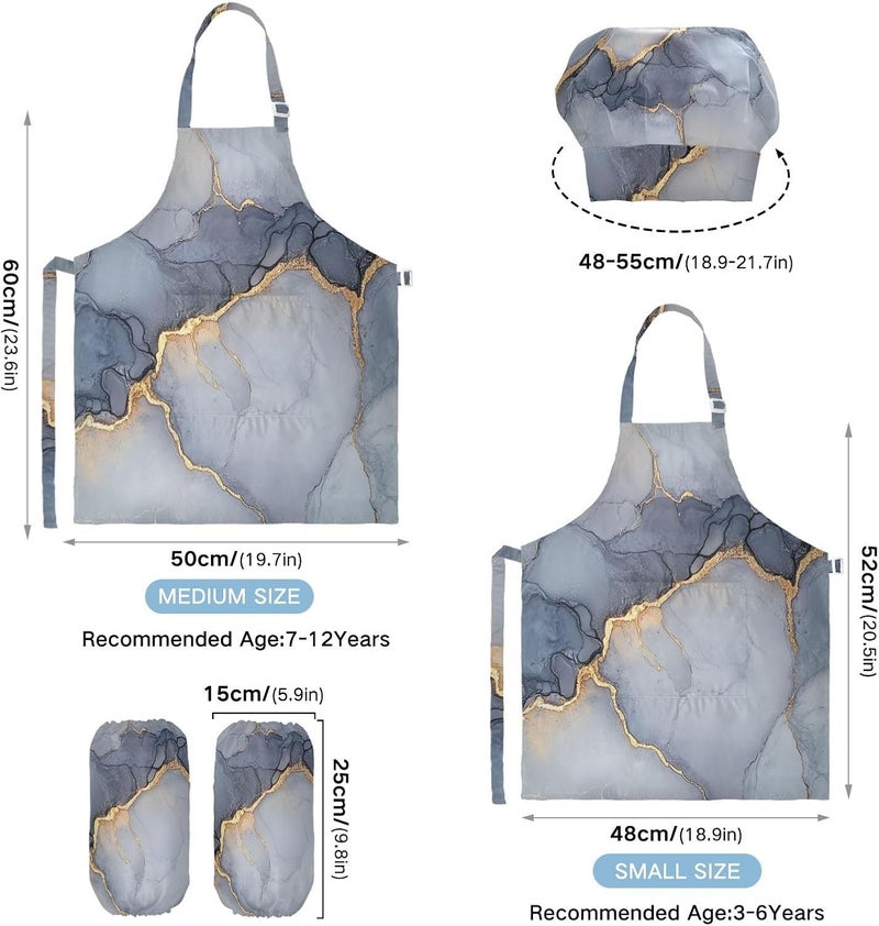 Kid Chef Apron Hat Adjustable Marble Grey Silver Baking Apron with Adjustable Neck Strap for Cooking Painting 3-12 Years Old - Image 3