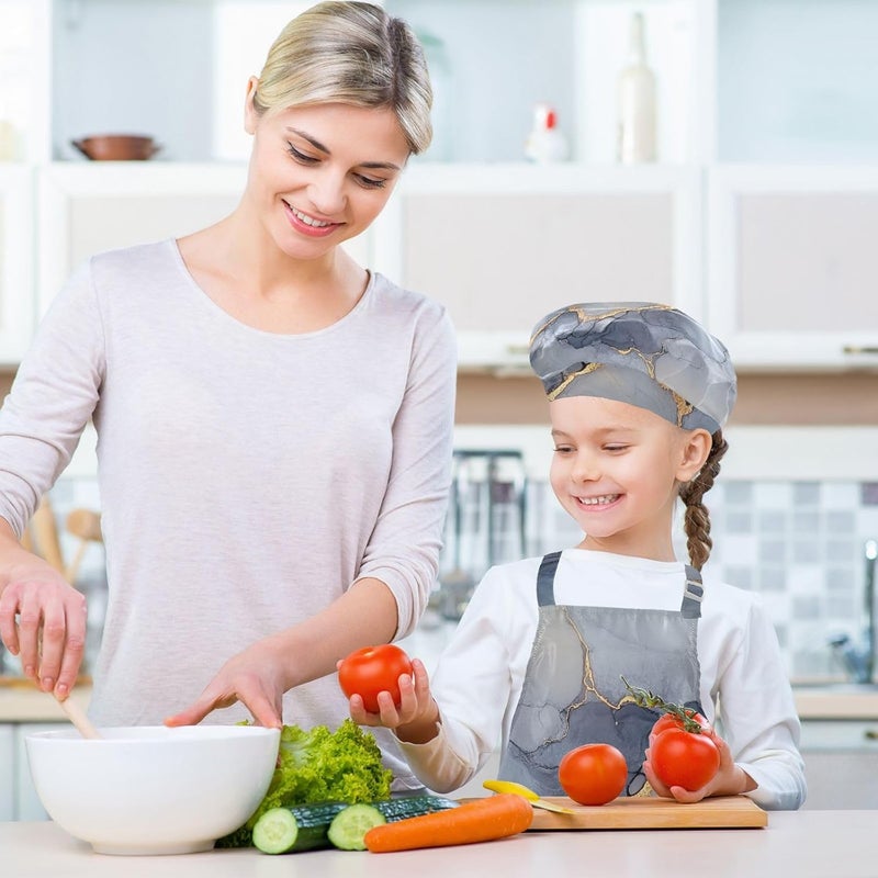 Kid Chef Apron Hat Adjustable Marble Grey Silver Baking Apron with Adjustable Neck Strap for Cooking Painting 3-12 Years Old - Image 5
