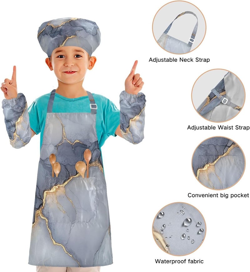 Kid Chef Apron Hat Adjustable Marble Grey Silver Baking Apron with Adjustable Neck Strap for Cooking Painting 3-12 Years Old - Image 4