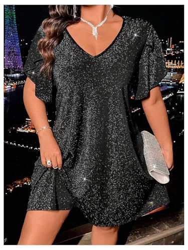 OYOANGLE Women's Plus Size Cocktial Dress Sparkly Glitter Short Sleeve Summer Flared Club Party Dress Black 3XL - Image 4
