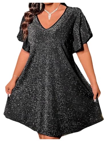 OYOANGLE Women's Plus Size Cocktial Dress Sparkly Glitter Short Sleeve Summer Flared Club Party Dress Black 3XL - Image 1