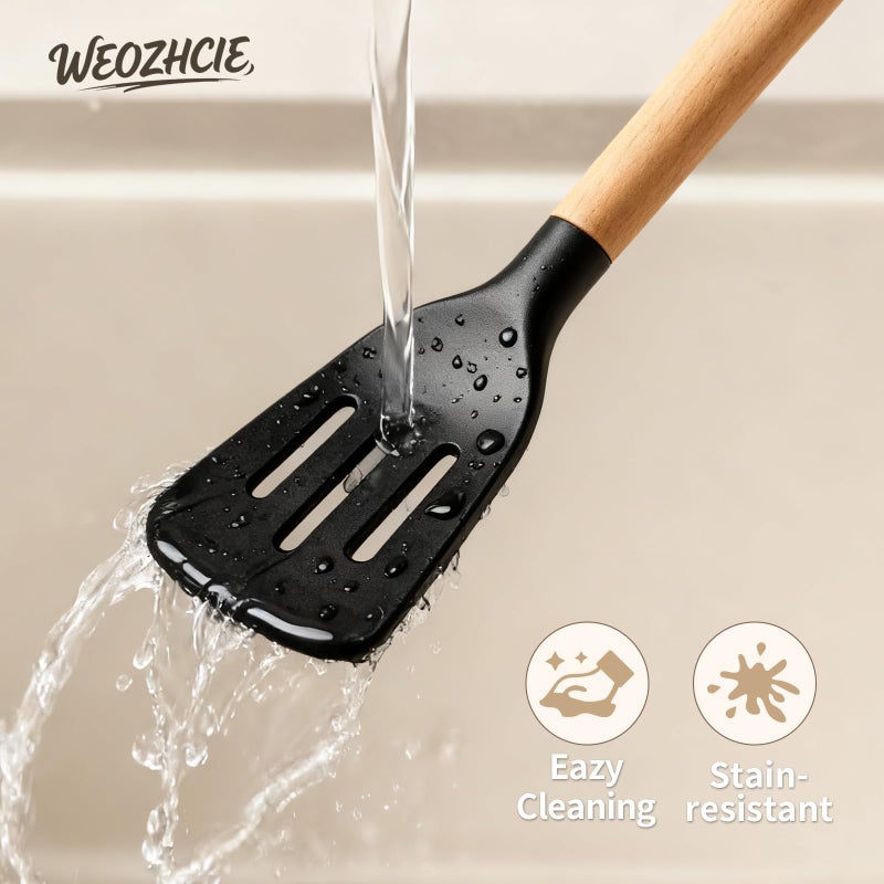 Weozhcie Silicone Cooking Utensil Set,12 PCS Cooking Cookware Kitchen Utensils Set for Cooking, Nonstick 446Â°F Heat-Resistant Cookware Kitchen Tools of Spoon,Brush,Whisk,Spatula,Turner Tongs (Black) - Image 5